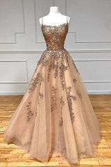 A-Line Spaghetti Straps Lace Long Prom Dress, Lace Evening Dress