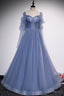 Blue Tulle Beading Long Prom Dresses, A-Line Formal Evening Dresses