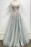 Gray Strapless Lace Long A Line Prom Gown, Graduation Dress