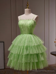 Green Tulle Straps Short Party Dress, Light Green Homecoming Dress