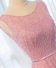 A Line Round Neck Tulle Long Evening Prom Dress, Lace Evening Dress