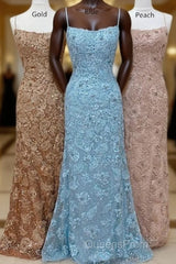 Straps Mermaid Blue Lace Appliques Long Evening Prom Dress