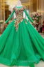 Custom Made Green Ball Gown Tulle Sequins Appliques Long Sleeve Wedding Dress