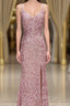 Gorgeous Mermaid V-Neck Pearl Pink Long Evening Prom Dress with Slit