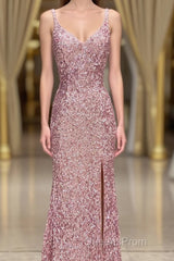 Gorgeous Mermaid V-Neck Pearl Pink Long Evening Prom Dress with Slit