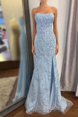 Elegant Strapless Mermaid Sky Blue Long Lace Evening Prom Dress with Slit