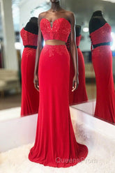 Elegant Two Piece Sweetheart Beaded Red Evening Prom Dress with Lace-up Back