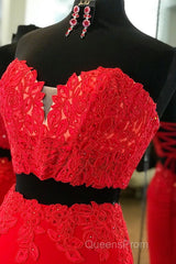 Elegant Two Piece Sweetheart Beaded Red Evening Prom Dress with Lace-up Back