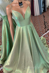 Elegant A-Line Empire V-Neck Green Long Evening Prom Dress with Straps
