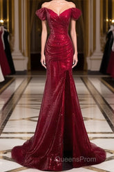 Dark Red Sequins Mermaid Sweetheart Evening Prom Dress, Dark Red Evening Dress