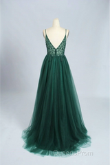 Green V-Neckline Beaded Tulle Floor Length Party Dress, A-Line Green Evening Prom Dress