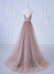 Pink V-Neckline Beaded Straps Long Party Dress, A-Line Pink Tulle Floor Length Evening Prom Dress