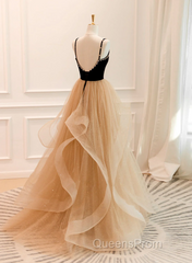 A-Line Champagne Tulle Sweetheart Beaded Long Evening Prom Dress, Tulle Layers Party Dress