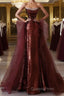 Wine Red Sequins and Tulle Beaded Long Party Dress, Wine Red Evening Dress