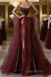 Wine Red Sequins and Tulle Beaded Long Party Dress, Wine Red Evening Dress