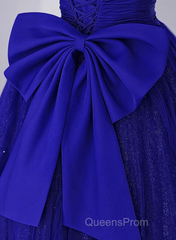 Royal Blue Scoop Tulle Short Sleeves Long Evening Prom Dress, Royal Blue A-Line Party Dress