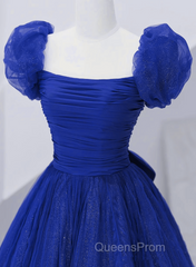 Royal Blue Scoop Tulle Short Sleeves Long Evening Prom Dress, Royal Blue A-Line Party Dress