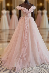 Pink Tulle Off The Shoulder A-Line Tulle Ruffles Floor-Length Evening Prom Dress, Pink Long Party Dress