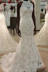 High Neck Mermaid Ivory Lace Wedding Dress