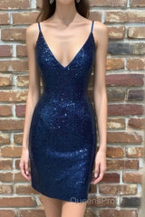 Cute Navy Blue Sequins Tight Mini Homecoming Dress