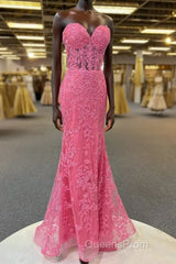 Hot Pink Appliques Strapless Mermaid Long Evening Prom Dress