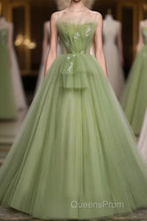 Green Tulle Long Evening Prom Dress, Green Tulle Formal Dress