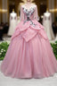 Pink V Neck Tulle Lace Applique Long Evening Prom Dress, Pink Evening Dress, 1