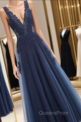 Glamorous Navy Blue Lace Tulle V Neck See Through Evening Prom Dress