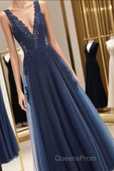 Glamorous Navy Blue Lace Tulle V Neck See Through Evening Prom Dress