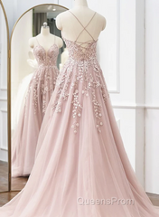Pink Tulle With Lace Straps Long Party Dress, Pink Tulle Evening Prom Dress Evening Dress