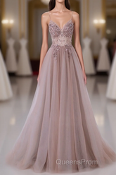 Pink V-Neckline Beaded Straps Long Party Dress, A-Line Pink Tulle Floor Length Evening Prom Dress