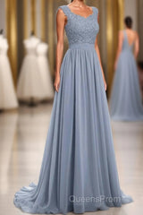 Dusty Blue Lace Cap Sleeve A-Line Floor-Length Bridesmaid Dress