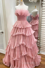 Candy Pink Tulle A-line Strapless Ruffles layers Long Evening Prom Dress