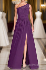One-Shoulder Purple Lace A-Line Long Bridesmaid Dress with Slit