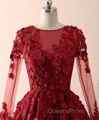 Burgundy Lace Satin Long Evening Prom Dress, Burgundy Lace Evening Dress