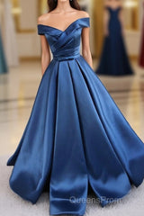 Simple Blue Satin Long Evening Prom Dress, Blue Formal Dress