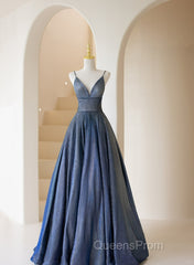 Blue V-Neckline Straps Low Back A-Line Evening Prom Dress, Blue Long Evening Dress