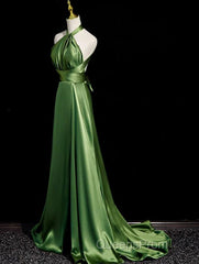 Green Soft Satin Halter Long Evening Dress Party Dress, Green A-line Evening Prom Dress