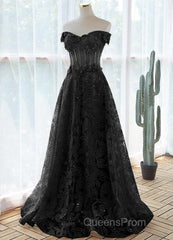 A-Line Off Shoulder Black Tulle With Lace Party Dress, Black Long Evening Prom Dress
