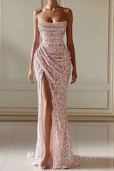 New Arrival Pink Sequins Sleeveless Evening Dress With Split