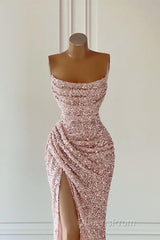 New Arrival Pink Sequins Sleeveless Evening Dress With Split