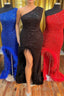 One-Shoulder Sequin Feather Long Evening Prom Dress with Slit