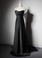 Black Soft Satin A-Line Floor Length Evening Prom Dress, Black Straps Long Evening Dress