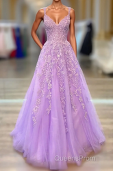 A-Line Tulle Princess Light Purple Evening Prom Dress With Appliques, Tulle Straps Formal Dress