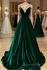 Green V-Neckline Straps Lace-Up A-Line Evening Prom Dress, Green Velvet Long Evening Prom Dress