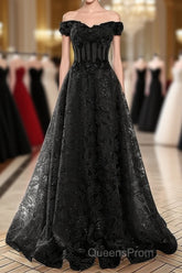 A-Line Off Shoulder Black Tulle With Lace Party Dress, Black Long Evening Prom Dress