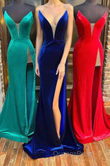 Red Velvet Strapless Mermaid Long Formal Dress with Slit