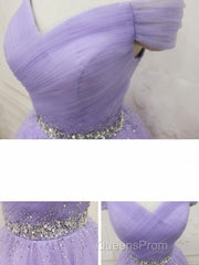 Purple Off Shoulder Tulle Sequin Evening Prom Dress, Purple Homecoming Dress