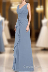 Dusty Blue V-Neck Banded Waist Ruffled Long Bridesmaid Dress
