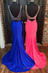 Royal Blue V-Neck Open Back Mermaid Long Evening Prom Dress